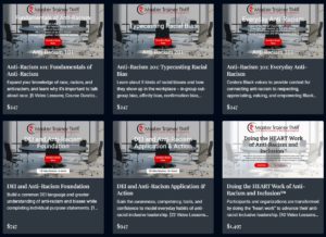 grid showing 6 on-demand online anti-racism course cards with course descriptions and prices
