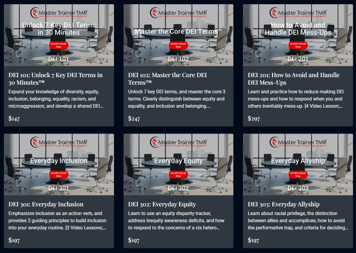 grid showing 6 on-demand online DEI course cards with course descriptions and prices