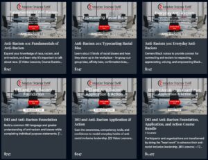 grid showing 6 on-demand online anti-racism course cards with course descriptions and prices
